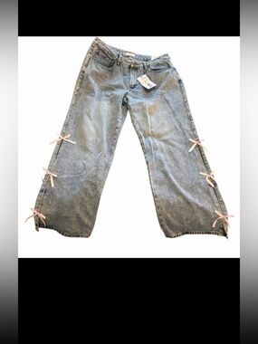 Rise Supply Wide Leg Jeans Juniors 17 Gray Pink Bow Detail Y2K‎